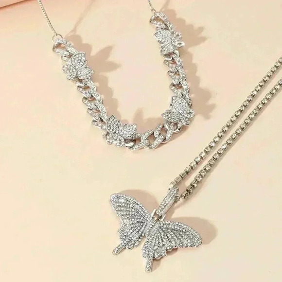 Silver 2 Piece Boho Womens Rhinestone Butterfly Charm Necklace - Picture 2 of 4